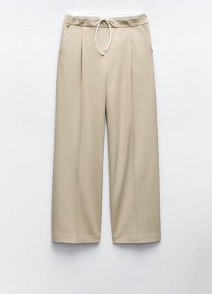 Штани в стилі zara із подвійним поясом,брюки вільного крою,палаццо,кльош від стегна,чорний,  беж, синій4 фото