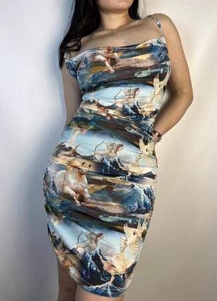 Облегающее платье платье с ангелами, ренесанс, винтаж