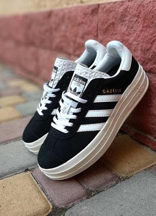 Adidas gazelle bold черные с белым кроссовки женские замшевые замша адидас газели низкие весенние демисезонные демисезонные демисезон топ качество5 фото