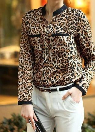 Женская блузка леопардовая с длинным рукавом - xl (бюст 96-100см, плечо 40см), креп шифон, на пуговицах