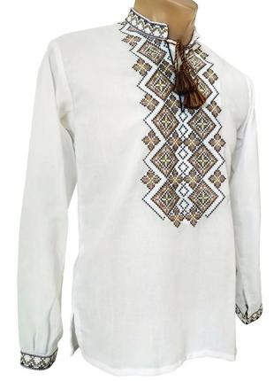 Домоткана сорочка вишиванка для хлопчика коричнева вишивка біла р. 140-176