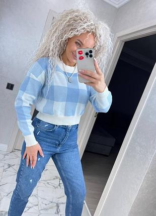 Стильный свитер, р.уни 42-46, машинная вязка, голубой