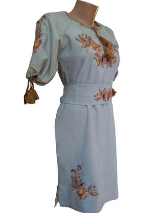 Сукня вишита льон вишиванка жіноча з поясом коричнева вишивка р.42 - 60