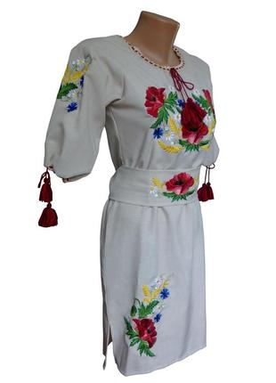 Платье женское вышитое лен вышиванка с поясом кораловое р.48 - 603 фото