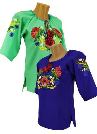 Рубашка вышиванка для девочки подросток зеленая р.140-1763 фото