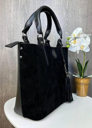 Большая женская замшевая сумка, сумочка натуральная замша черная4 фото