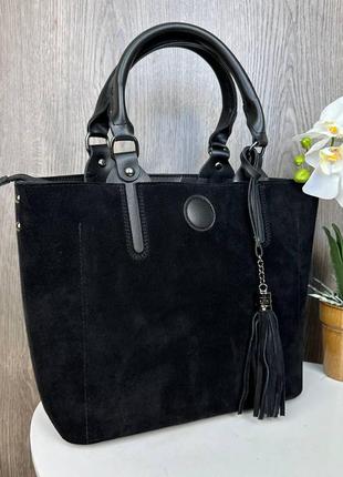 Большая женская замшевая сумка, сумочка натуральная замша черная8 фото