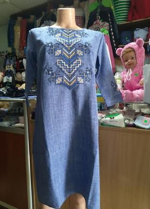 Сукня вишиванка льон для дівчинки підліткова синя р. 146 - 1644 фото