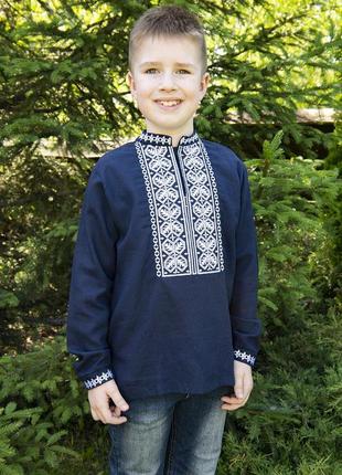 Сорочка вишиванка для хлопчика льон синя біла вишивка р.116 — 1344 фото