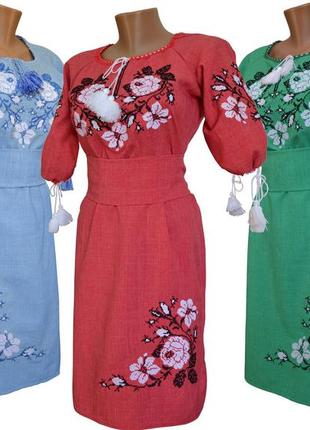 Платье вышиванка женское лен голубое р.42 - 60