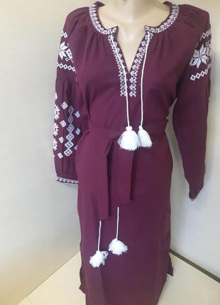 Платье вышиванка женское с поясом натуральный лен бордовое р.42 44 46 48 50 52 54 569 фото