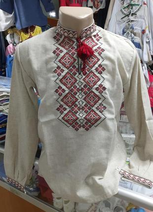 Рубашка вышиванка мужская лен красная вышивка р. 42 - 589 фото