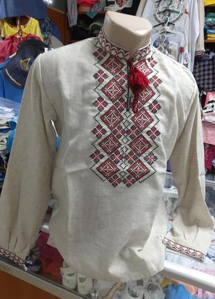 Рубашка вышиванка мужская лен красная вышивка р. 42 - 583 фото