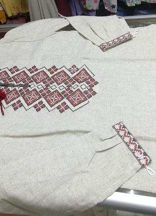 Рубашка вышиванка мужская лен красная вышивка р. 42 - 5810 фото