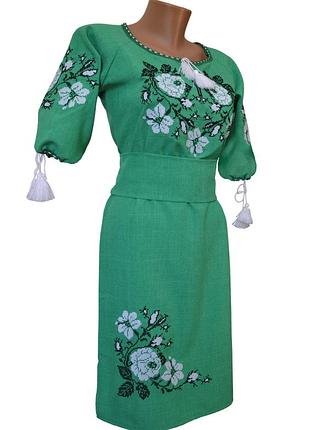 Платье вышиванка женское лен зеленое р.42-60