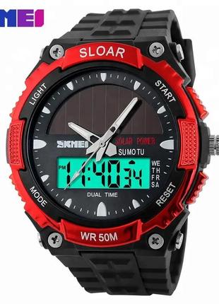 Мужские спортивные часы skmei 1049 с солнечной батареей (красный)2 фото