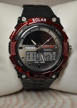 Мужские спортивные часы skmei 1049 с солнечной батареей (красный)8 фото