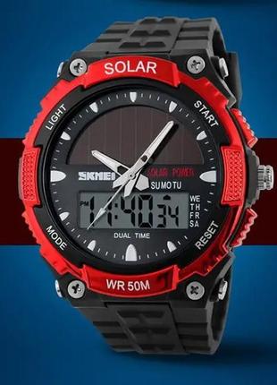 Мужские спортивные часы skmei 1049 с солнечной батареей (красный)5 фото