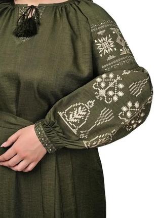 Платье вышиванка женское с поясом лен хаки зеленое р.42 44 46 48 50 52 54 565 фото