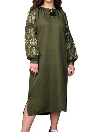 Платье вышиванка женское с поясом лен хаки зеленое р.42 44 46 48 50 52 54 564 фото