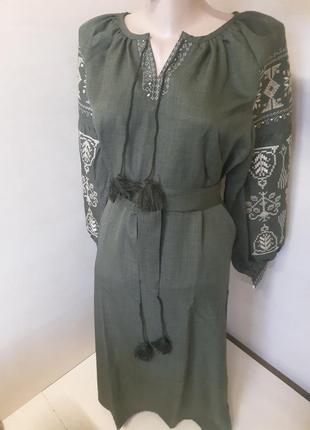 Платье вышиванка женское с поясом лен хаки зеленое р.42 44 46 48 50 52 54 568 фото