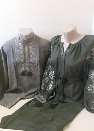 Платье вышиванка женское с поясом лен хаки зеленое р.42 44 46 48 50 52 54 566 фото