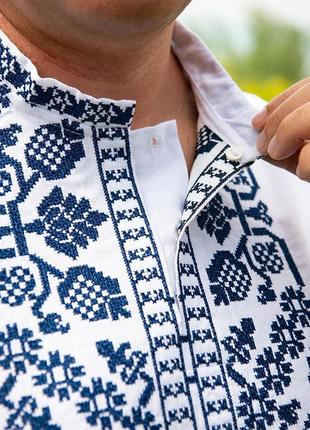 Сорочка вишиванка чоловіча біла домоткана льон синя вишивка р. 42 - 563 фото