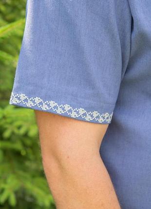 Сорочка вишиванка чоловіча блакитна льон біла вишивка 42 - 563 фото