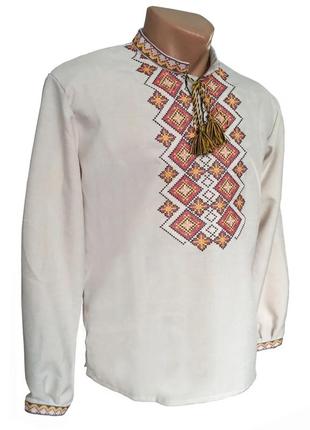 Мужская рубашка вышиванка лен оранжевый орнамент р. 42 - 584 фото
