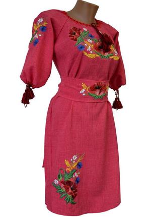 Вышиванка платье женское с поясом лен зеленое р.48 - 603 фото