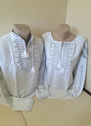 Рубашка вышиванка мужская лен белая для пары серая вышивка р. 42 - 60