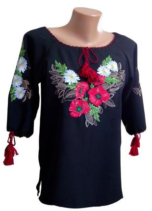 Рубашка женская вышитая черная вышиванка маки р.42 - 601 фото