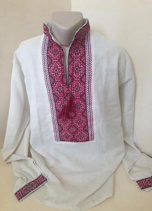 Льняная рубашка вышиванка мужская ручная вышивка красная вышивка р. 42 - 563 фото