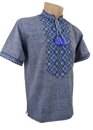 Льняная рубашка вышиванка мужская для пары орнамент ромб синяя р. 42 - 584 фото