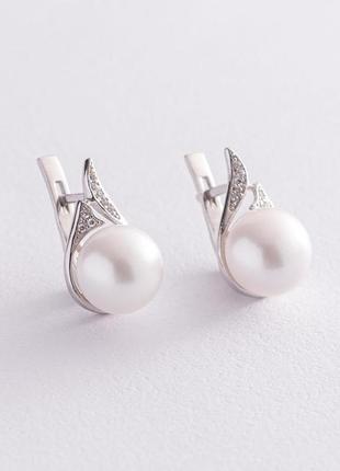 Срібні сережки з перлами та фіанітами 
2466/1р-pwt1 фото