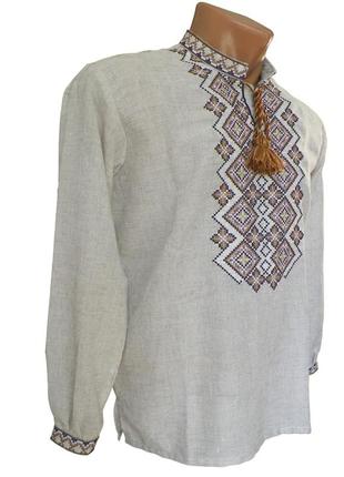 Льняная рубашка вышиванка мужская длинный рукав коричневая р. 42 - 58