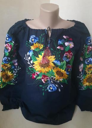 Домотканая рубашка вышиванка женская синяя цветы р.42 46 48