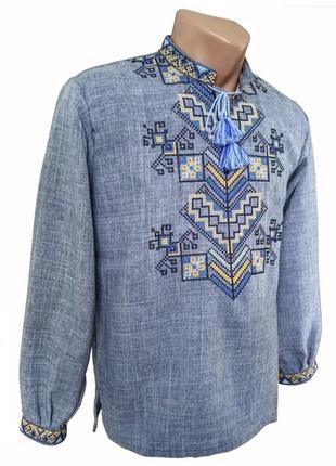 Льняная рубашка вышиванка мужская для пары синяя р. 42 - 621 фото
