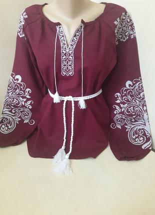 Льняная рубашка вышиванка женская с поясом бордовая р.44 48 48 50 52 54 56