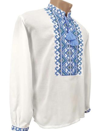 Домоткана сорочка вишиванка для хлопчика блакитний орнамент біла 140-176