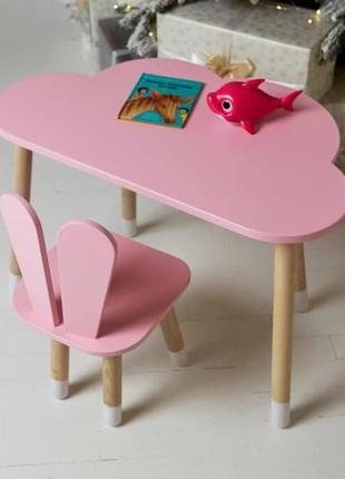 Детский деревянный розовый столик тучка со стульчиком зайчик, столик для ребенка7 фото