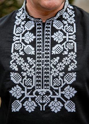 Чоловіча сорочка вишиванка чорна домотканий льон біла вишивка р. 42 - 564 фото