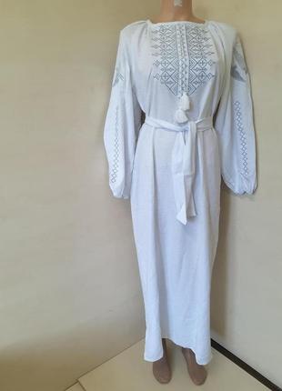 Льняное платье вышиванка женское для пары макси белое серая вышивка р.44 462 фото