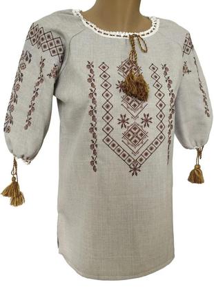 Подростковая рубашка вышиванка для девочки коричневый орнамент лен р.140 - 1761 фото