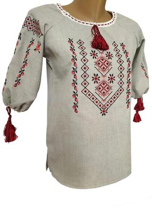 Подростковая рубашка вышиванка для девочки коричневый орнамент лен р.140 - 1762 фото