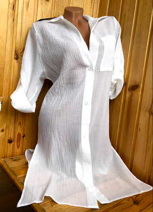 Фирменная жатая длинная туника рубашка из хлопка белого и небесного цвета1 фото