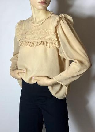 Блуза бежева у вінтажному стилі l блузка з рюшиками l футболка жіноча l сорочка l тілесний топ
