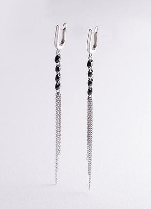 Серебряные висячие серьги с черными камнями 
123080