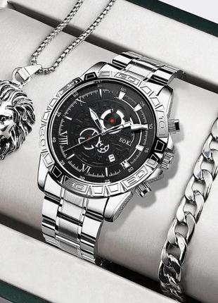 Подарунковий набір для чоловіків: наручний годинник з стильним браслетом та цепочкою діам 4,2см дов 22 см шир рем 2 с, без коробки1 фото