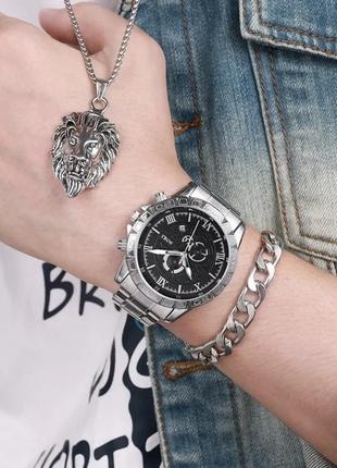 Подарунковий набір для чоловіків: наручний годинник з стильним браслетом та цепочкою діам 4,2см дов 22 см шир рем 2 с, без коробки6 фото